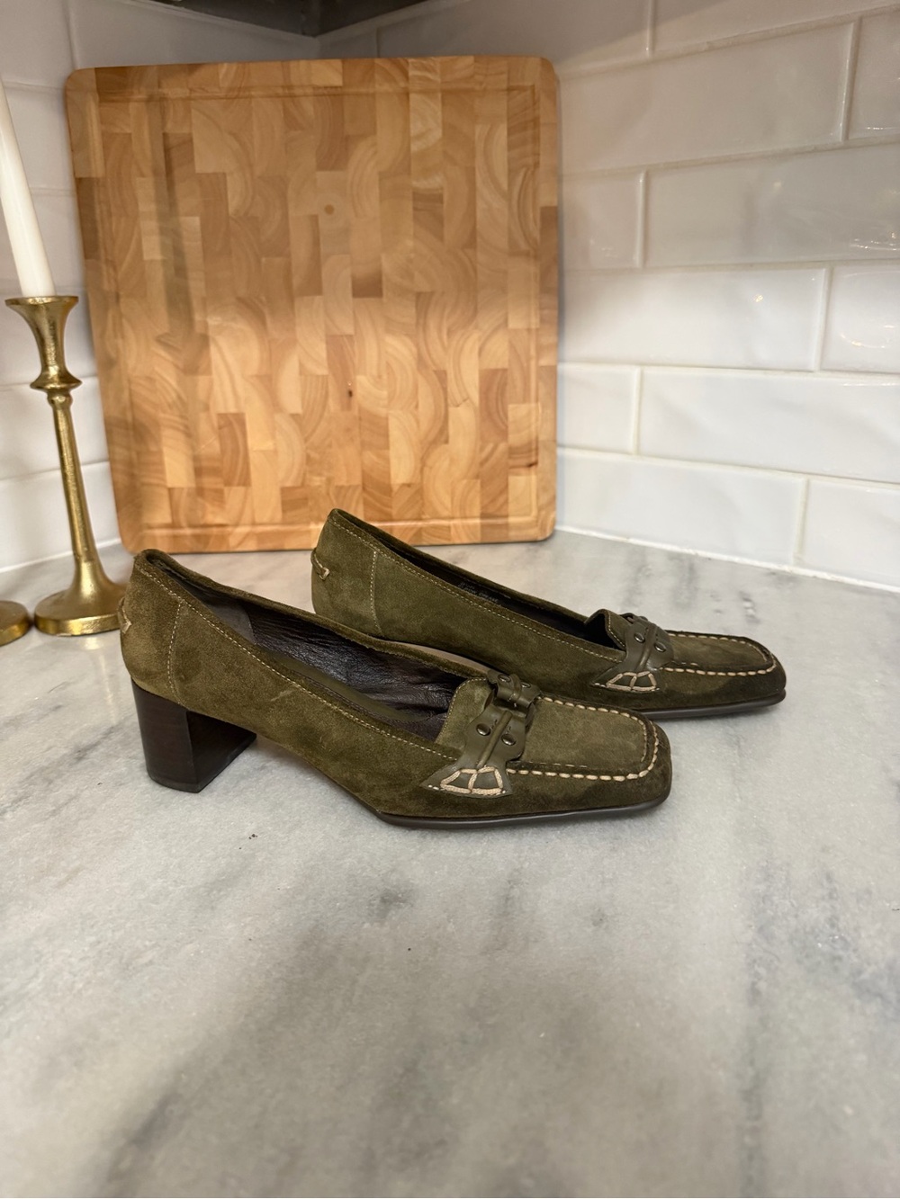 AEROSOLES Olive Suede Mid Heel Loafers